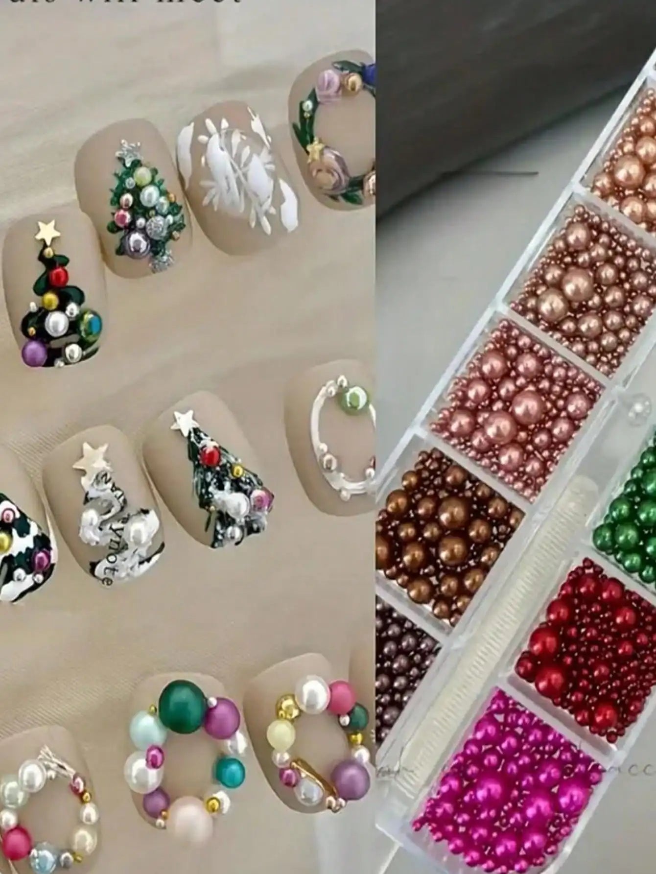 12 Grid Christmas Nail Art Flat Back Imitation Pearl Ornaments Gem Qme