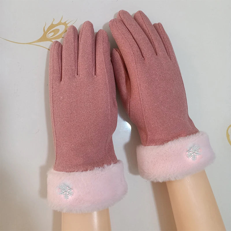 Autumn Winter Warm Suede Gloves Velvet Thickened Plush Decor Cuff Qme pink