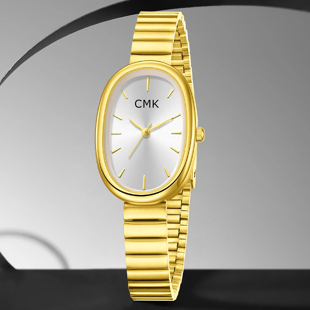 Oval thin steel strip women's quartz watch gold and silver minimalist luxury commuting watch Qme Gold A