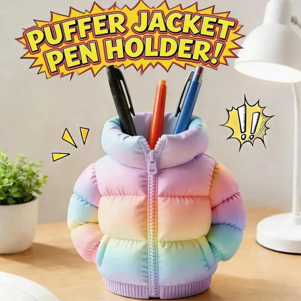 Down Jacket-Shaped Pen Holder Desktop Organizer for Stationery Makeup Brushes Home Office Shelf Decor, for Shool Gift Qme