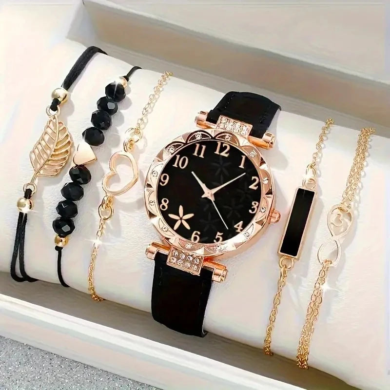 5Pcs Women Pink Suede Strap Watch Set, Floral Bezel Snowflake Dial Quartz Watch + Leaf Heart Pink Crystal Stack Bracelets Qme Multicolor
