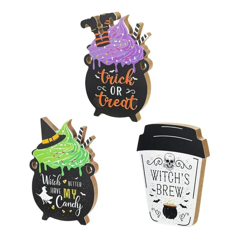 Halloween Tiered Tray Decor Desk Sign Tiered Tray Decor 3 Pcs Wooden Signs Trick Or Treat Witch Table Centerpieces Rustic Qme