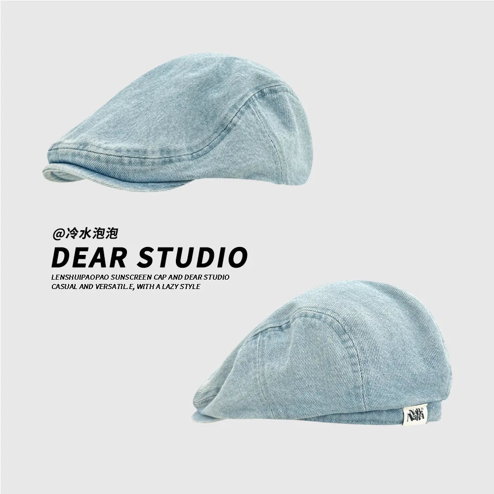 Retro Denim Beret Women's Summer Versatile Washed Old Big Head Qme SKY BLUE