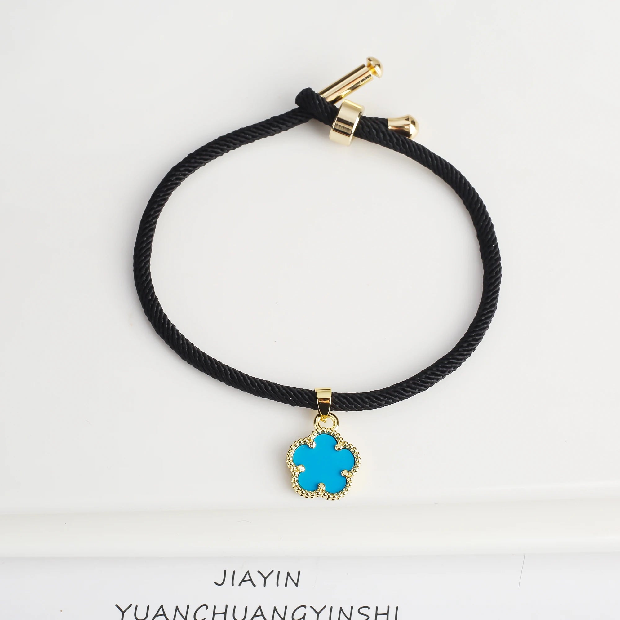 Simple Black Rope Braided Natural Stone Five Leaf Flower Bracelet Classic for Woman Girl High Quality Party Jewelry Gift Clover Qme Blue