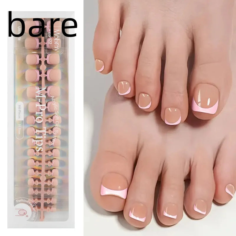 160pcs Fake Toe Nail Tips Pink French Short Square Full Cover Natural Artificial Acrylic Fake Press On Toenails For Nail Salons Qme bare