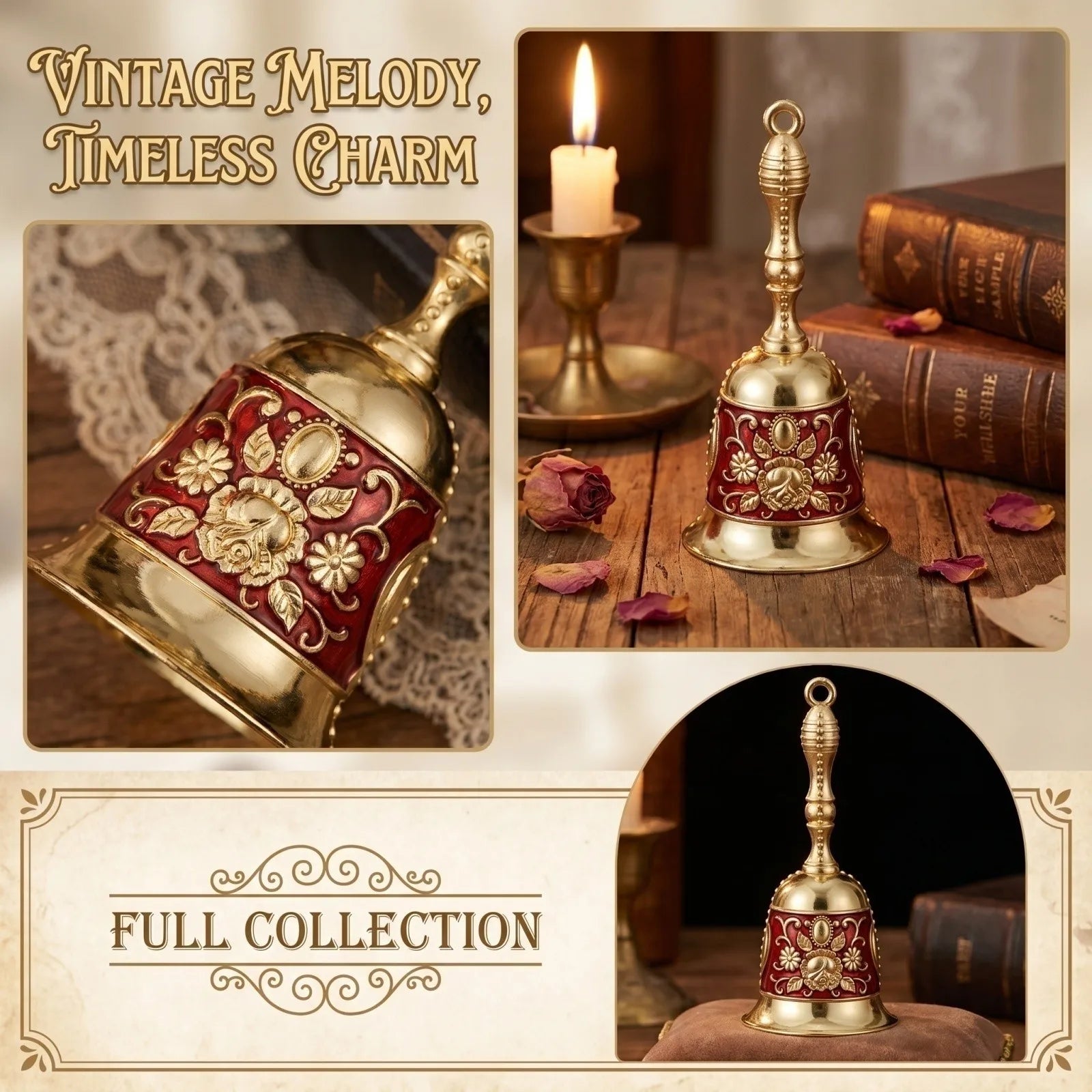 Brass Handicraft Large Engraved Hand Bell Loud and Clear Sound for Meditation Church Bronze Bell Creative Dining Service Bell Qme Red One Size