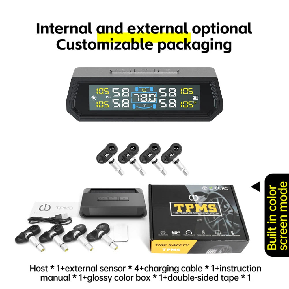 Solar/USB Powered Tire Pressure Monitoring System LCD Display Tire Pressure Monitor System IPX7 Waterproof for RVs Trailers Cars Qme
