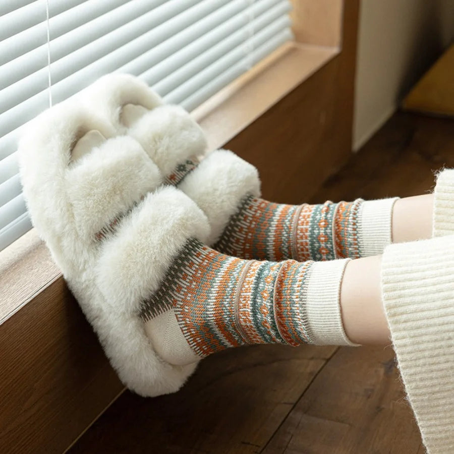 Vintage Fair Isle Crew Socks, Retro Ethnic Pattern Cotton Socks, Warm Winter Casual Slouch Socks for Women Qme