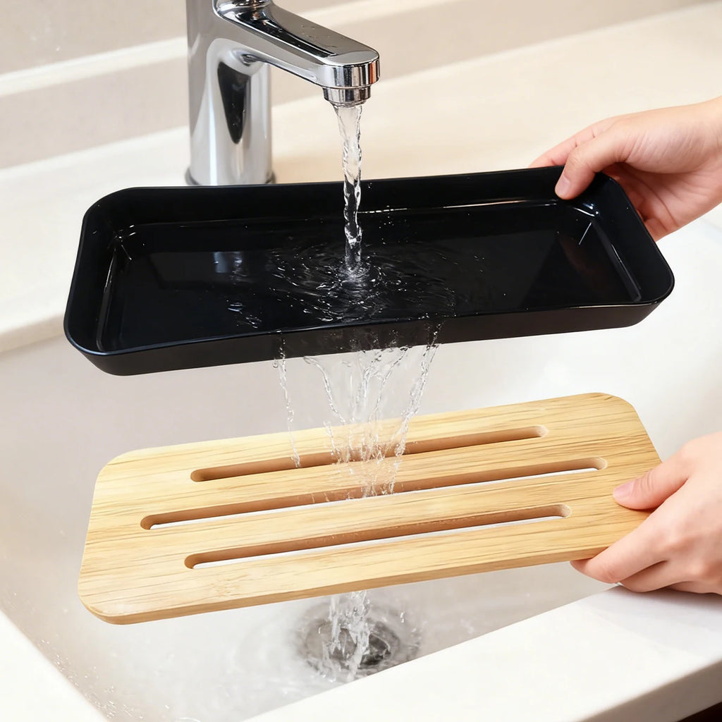 Bamboo Soap Dish Bottles Holder Tray Removable Countertop Drain Tray Candle Perfume Jewelry Organization Bathroom Vanity Tray Qme