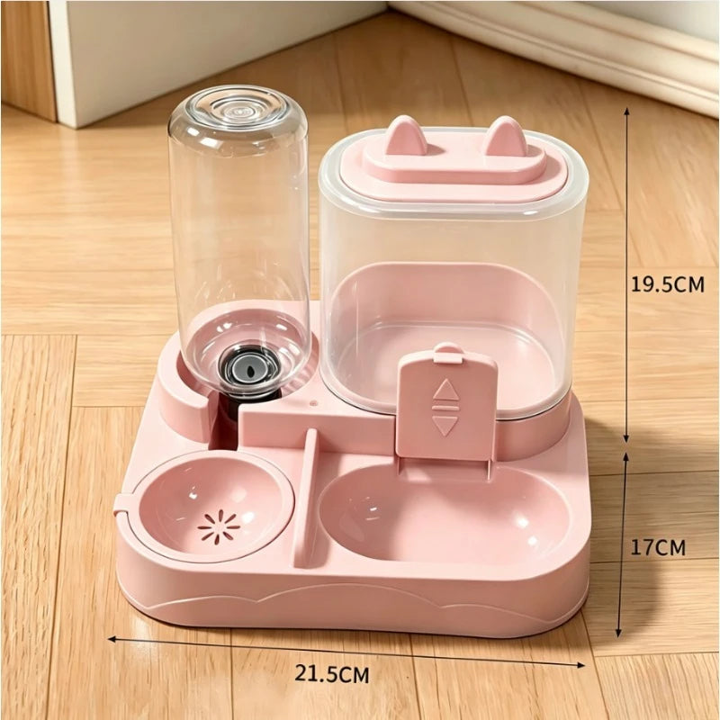2-in-1 Large Pet Feeder & Water Dispenser, Dry Wet Separation, Durable Plastic, Transparent, No Battery, For Cats Dogs Travel Qme Pink