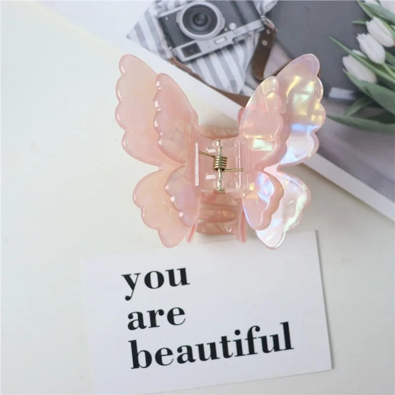 Fairy Butterfly Hair Claw French Retro Acetate Crab Clip Summer Sweet Qme Pink