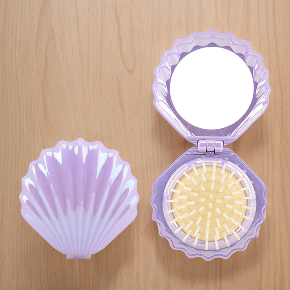 Foldable Shell Shape Comb Travel Hair Brush with Mirror Folding Pocket Hair Brush Portable Mini Hair Comb Hair Styling Tools Qme