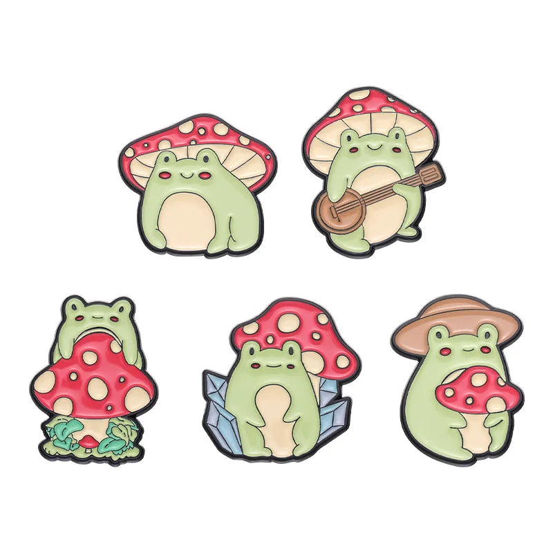 Cartoon Cute Frog Mushroom Series Brooch Enamel Pin Animal Plant Metal Badge Backpack Lapel Fashion Jewelry Gift Friend Kid Qme set