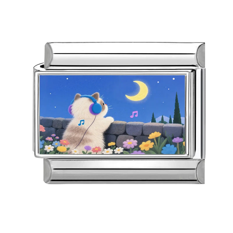 9mm Charm Links Bracelet Stainless Steel Y2K Kawai Cute Cats Listen to music Look at the moon Italian Men Women DIY Making Gifts Qme Style 14