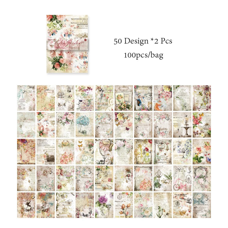 8 Style100Pcs/book Memo Material Paper Vintage Artistic Character Message Card Beautiful Flowers European Style DIY Hand Account Qme 2