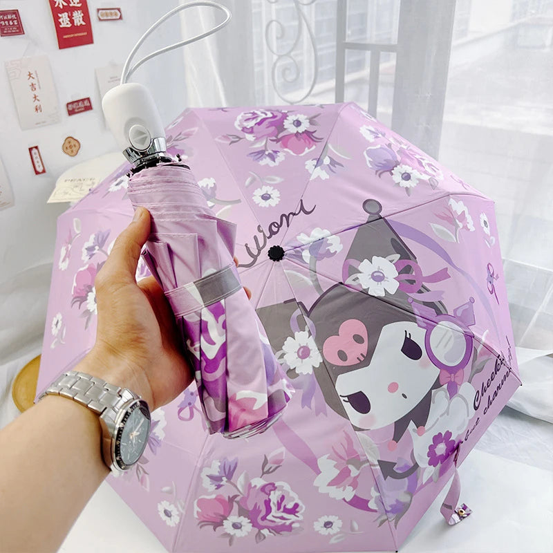 Hello Kitty Kuromi Cute 3-Fold Automatic Umbrella Dual-Purpose Sun and Rain Umbrella with UV Protection Qme