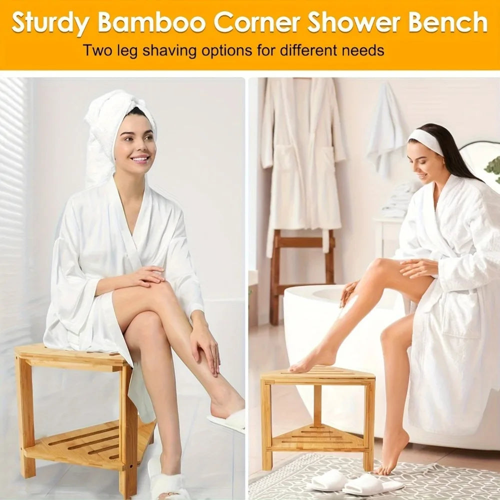 Shower Foot Rest Wood Shower Stool for Shaving Legs Waterproof Corner Shower Stool with Storage Shelf for Inside Shower Spaces Qme