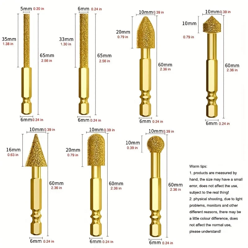7pcs Hex Shank Diamond Grinding Head Set Rotary File Alloy Polishing Burr for Electric Drill, Multi-Shape Grinding Bits Qme