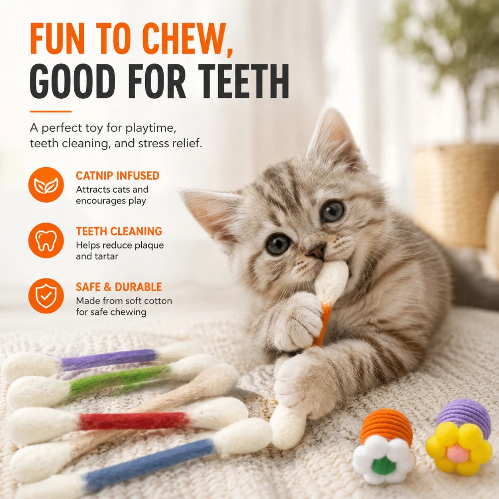 6/12PCS Cotton Swab Shaped Catnip Toy Durable Kitten Teeth Grinding Pet Interactive Chewing Play Accessory Qme