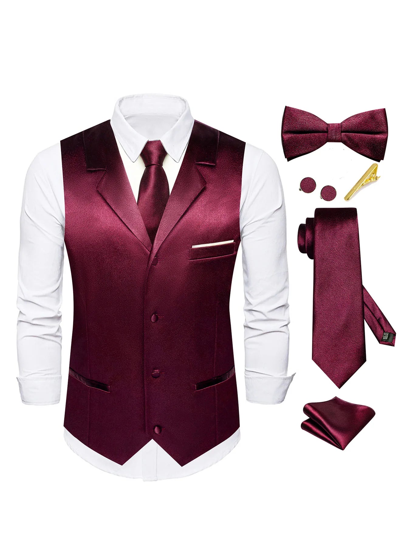 Men's Satin Vest Tie Hanky Cufflinks Bowtie Clip Formal Waistcoat Qme MJTZ3139-DPTLJ01 M