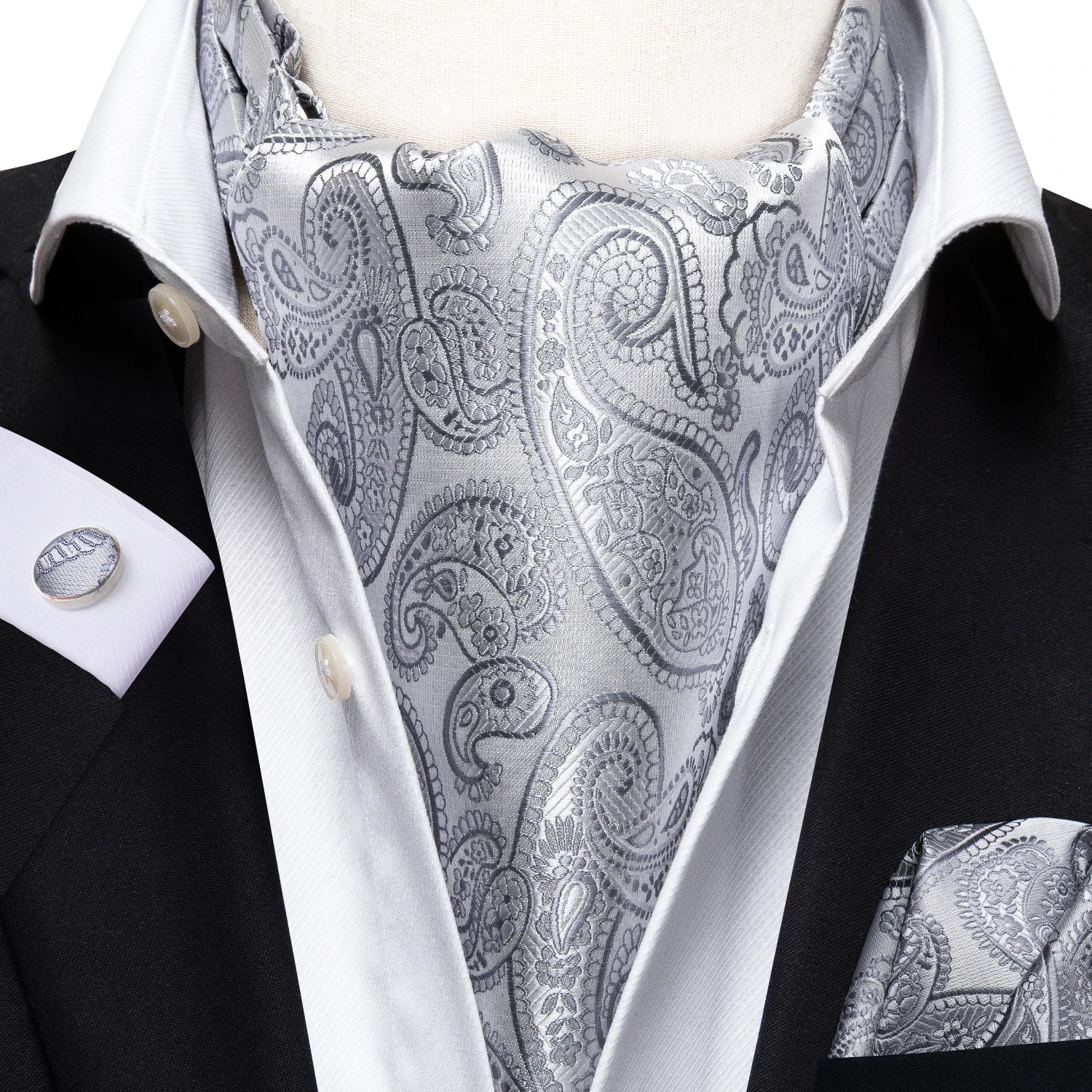 Silk Mens Ascot Black Pink Blue Red Gold Green Purple White Beige Cravat Tie Hanky Cufflinks for Male Wedding Business Prom Gift Qme AS-1030