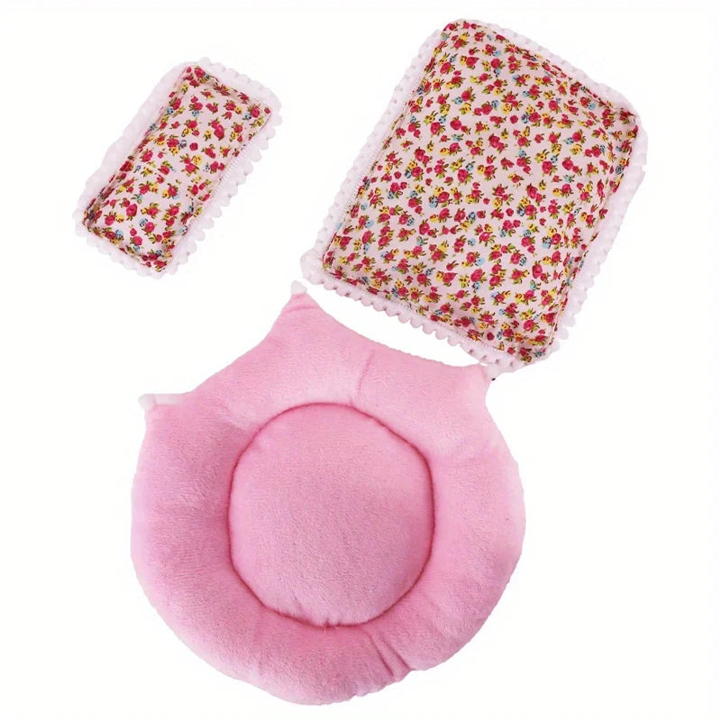 3 pieces of 17cm doll pillows, mattresses, duvet covers, cute floral bed covers, doll accessories, comfortable sleeping gifts Qme Pink