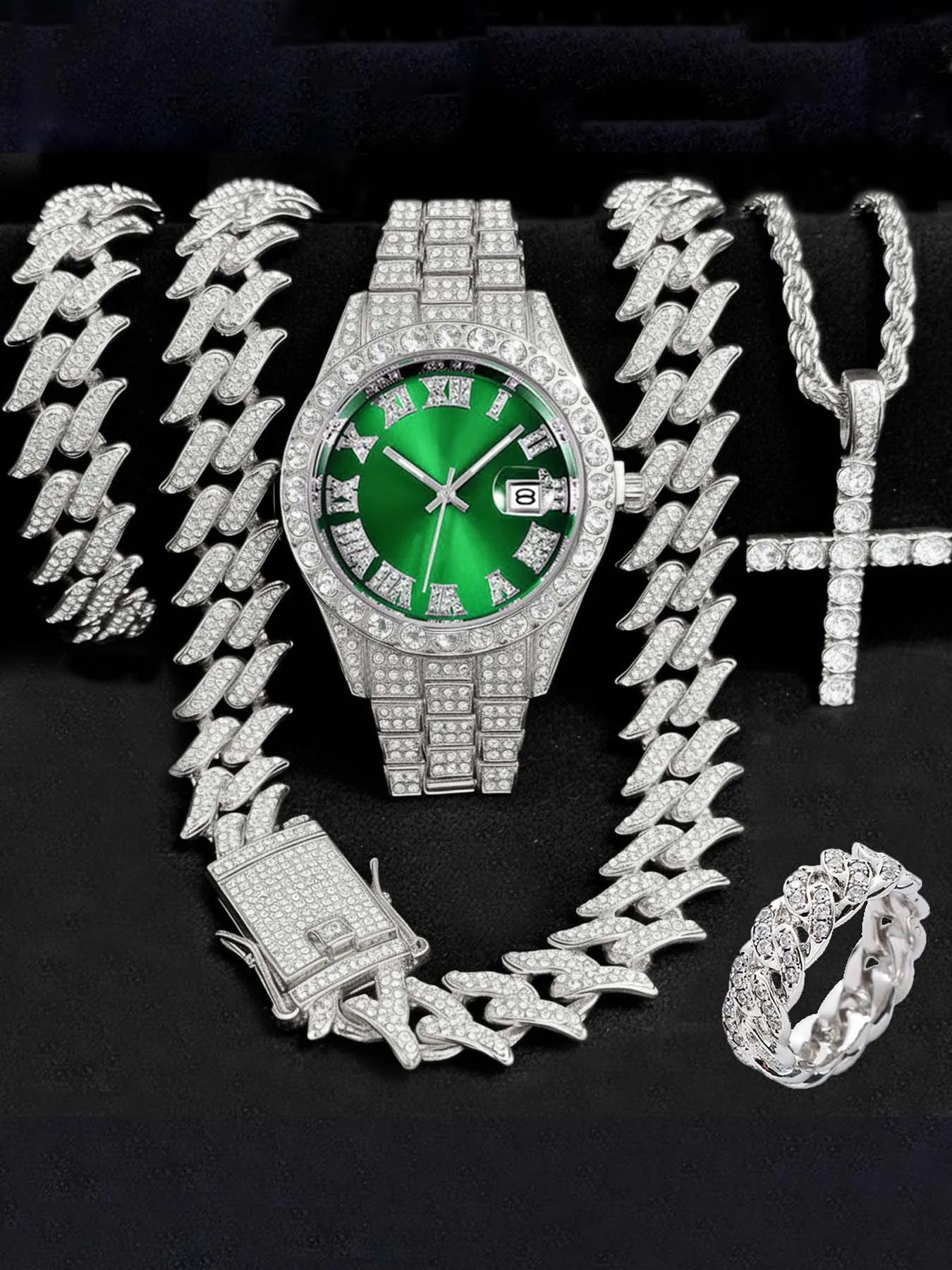 Diamond studded Roman style fashion watch with calendar for women, women's watch set for women Qme Pink