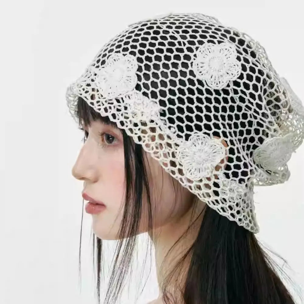 Retro Handmade Crochet Flower Hat Cute Thin Lace Beanies Korean Qme