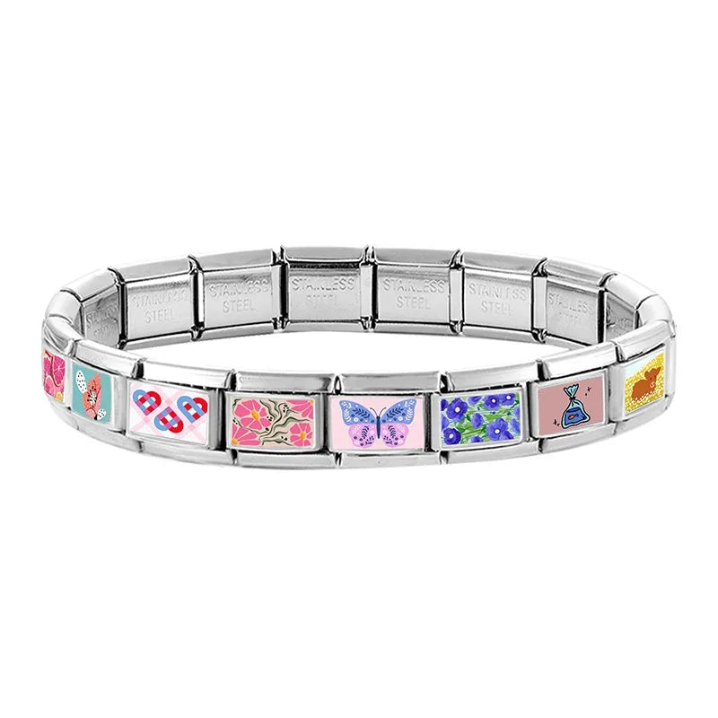 Fashion 3D Pattern Grapefruit Blue Flowers Piano Italian Charm Links Fit 9mm Stainless Steel Bracelet Jewelry DIY Making Beads Qme