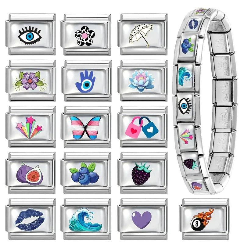 Hot Selling Heart Blue Series Butterfly Fruits Italian Charm Link Fit 9mm Stainless Steel Bracelet Making DIY Beads Jewelry Gift Qme