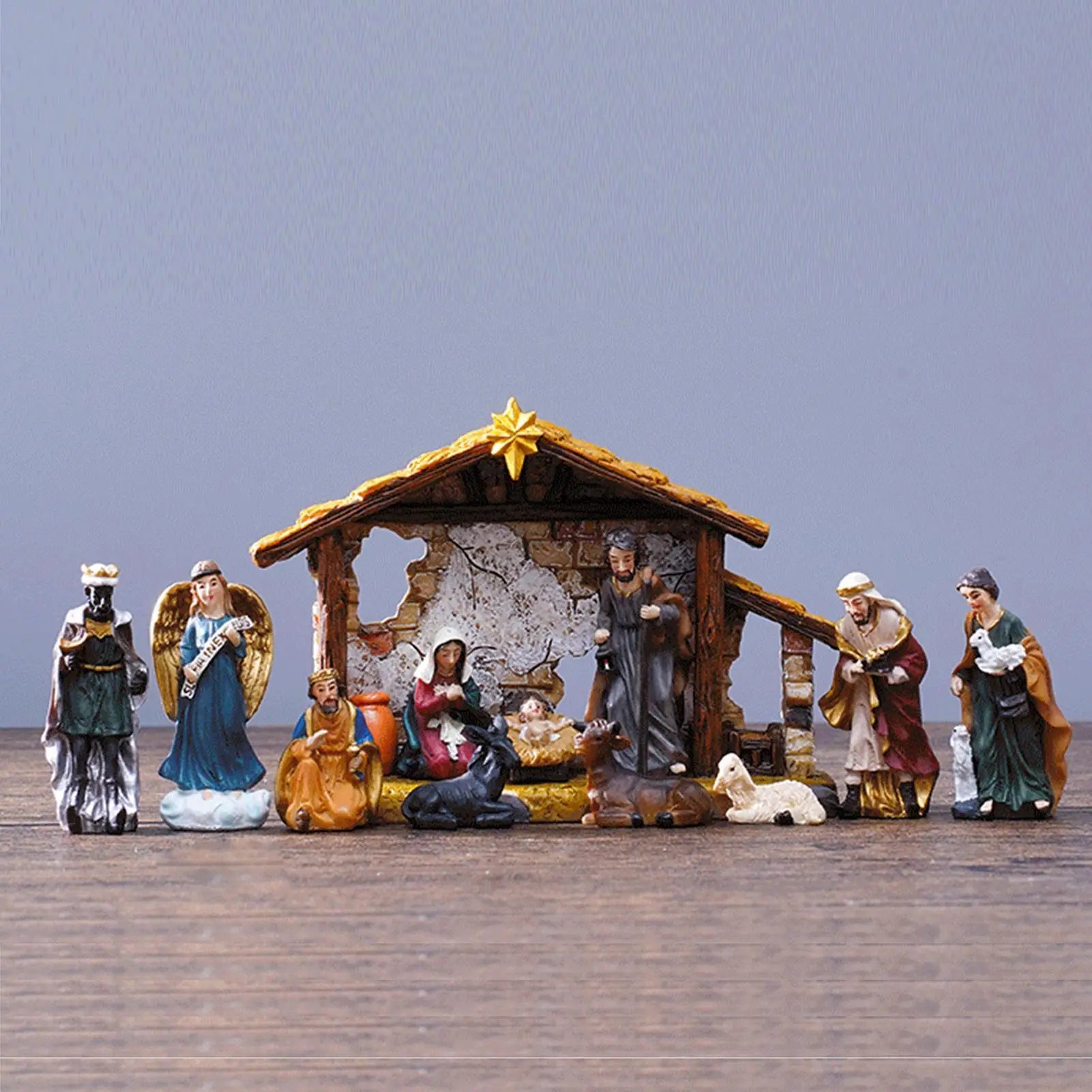 Nativity Set Resin Christmas Manger Religious Christmas Manger Nativity Figurine Set for Bookshelf Entryway Fireplace Windowsill Qme