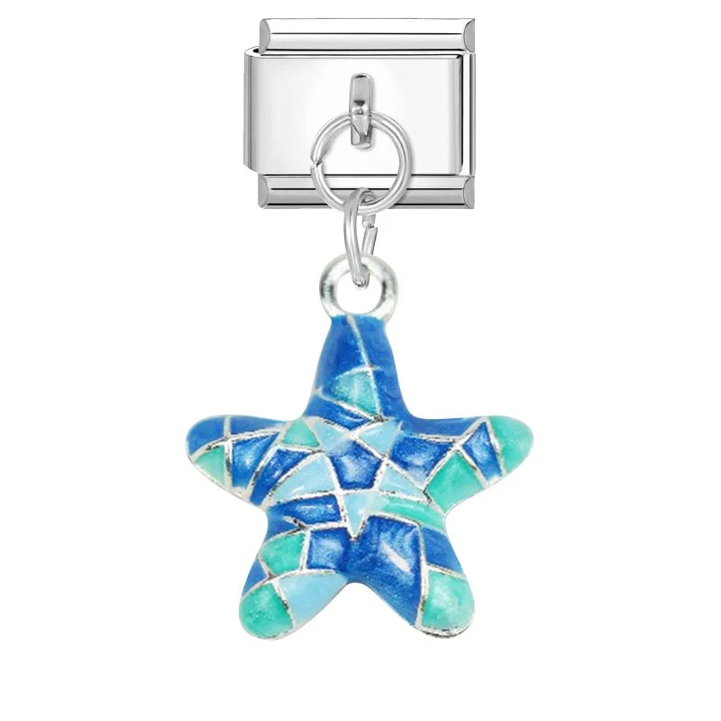 2025 Shiny Zircon Shells Starfish Conch Blue Italian Charm Links Fit 9mm Stainless Steel Bracelet Women Jewelry DIY Making Gifts Qme Style 25
