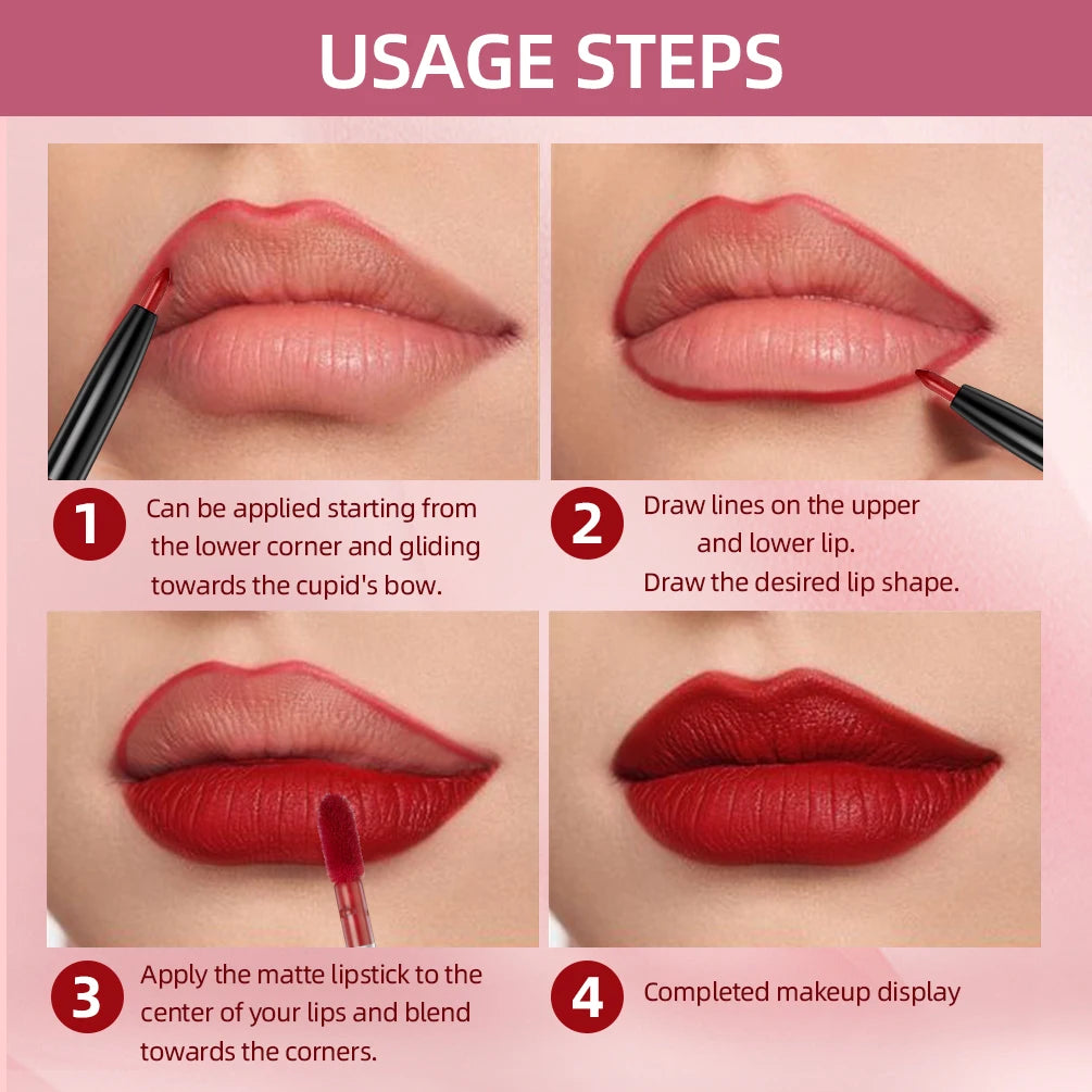 2 In 1 Double-end Lipgloss Lipliner Moisturizing Lipgloss Waterproof Long Lasting Matte Lip Liner Pen Makeup Lipliner 6 Colors Qme