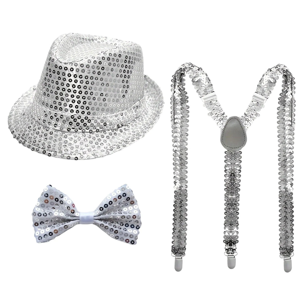 Performance Props Set with Sequined Hat Tie Gloves and Suspenders Party Wedding Boy Men Christmas Decor Carnival Ball Party Prop Qme