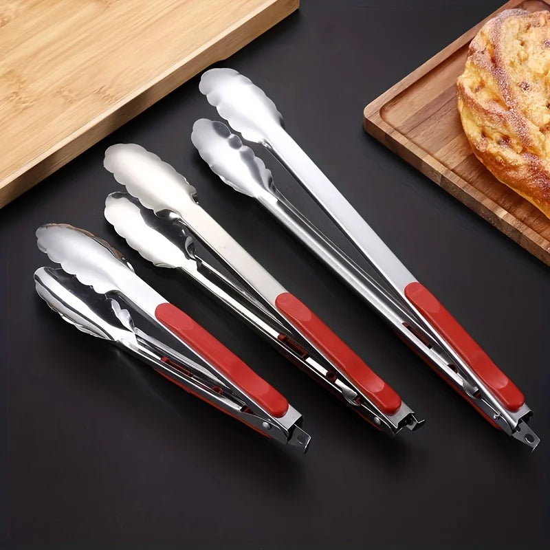 3pcs, Stainless Steel Kitchen Cooking Tongs, Sturdy Grilling Barbeque Brushed Locking Food Tongs With Ergonomic Grip, Qme