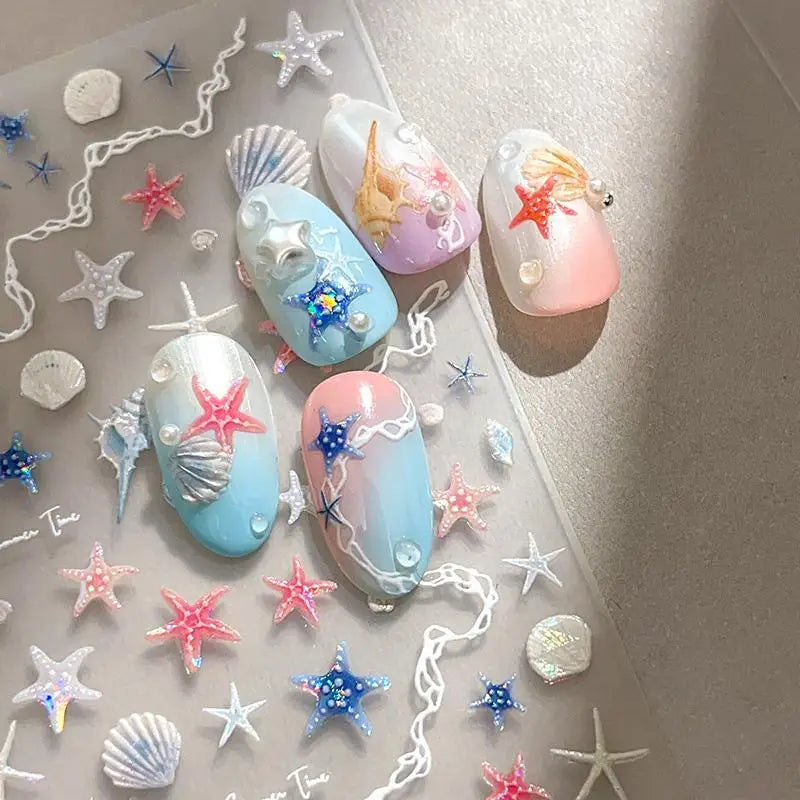 1 Sheet 5D Summer Seashell Nail Sticker Shiny Embossed Starfish Nails Qme