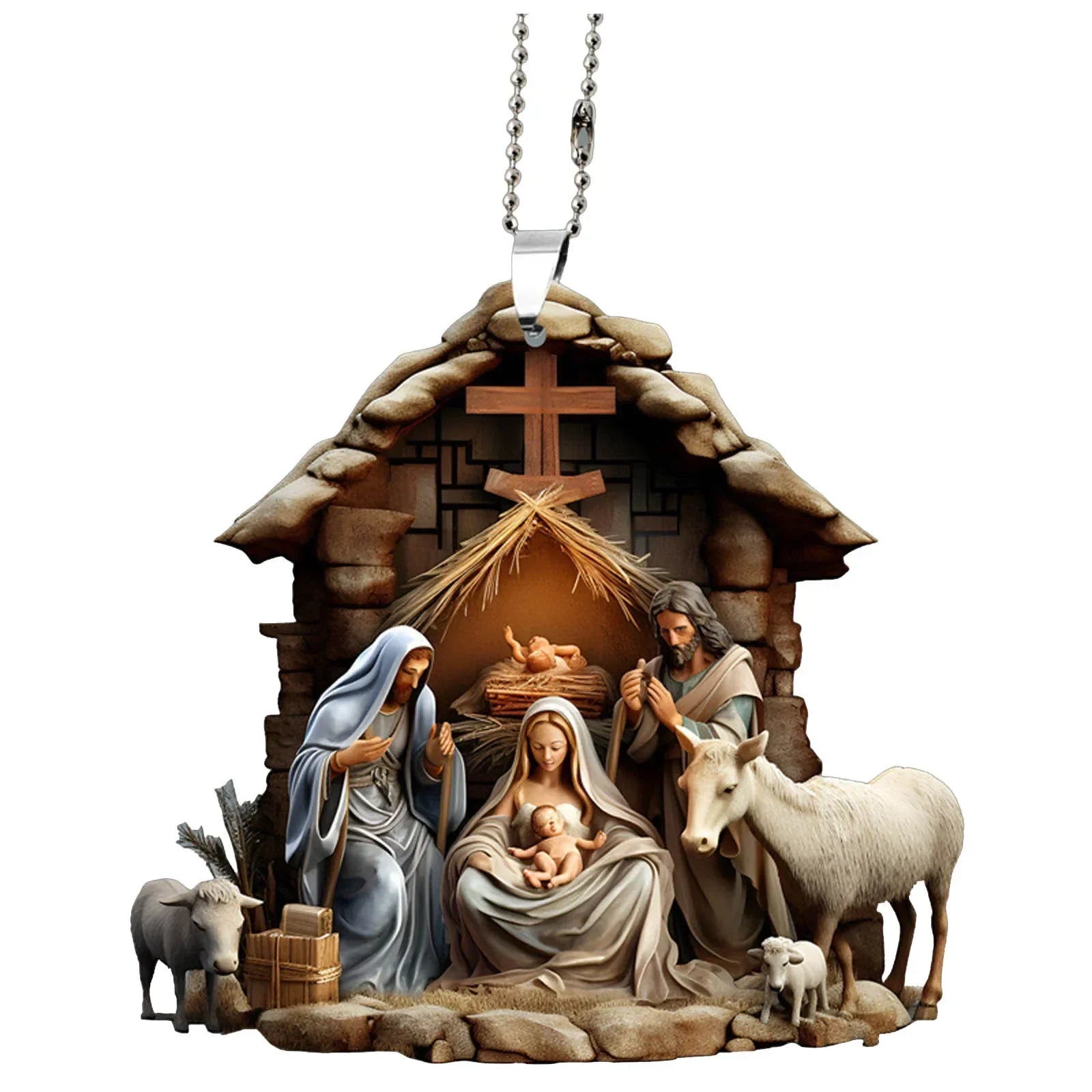 Christmas Tree Jesus Pendant Ornament Family Prayer Scene Pendant Bright Colored Car Decoration Pendant Home Decorations Qme B as picture
