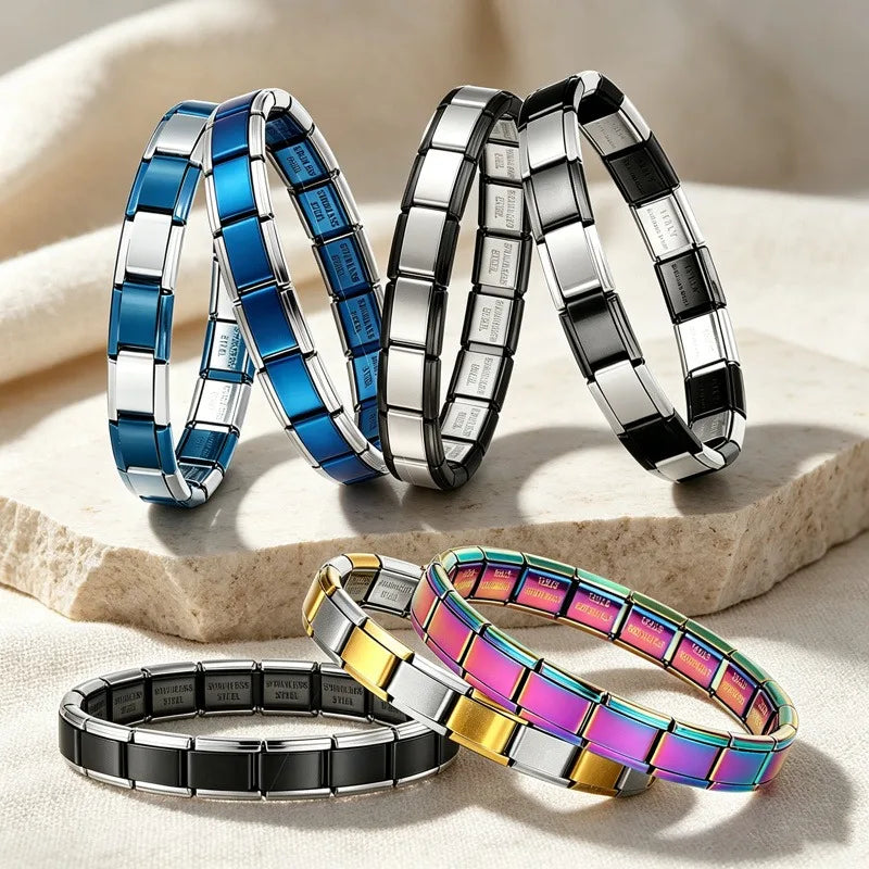 Italian Charms Silver Blue Stainless Steel Elastic Link Bangle 9mm Width Hand Chain DIY Module Bracelets Making Jewelry Gifts Qme