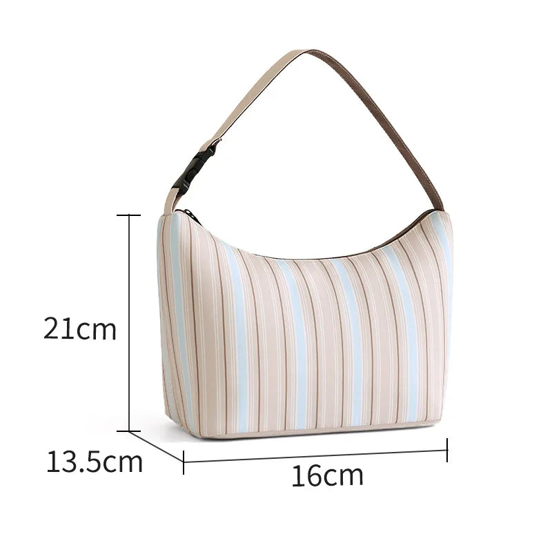 A Handheld Crossbody Striped Cooler Lunch Box Bag Lightweight Waterproof Reusable Bento Bag Outdoor Travel Picnic Food Carrier Qme khaki stripes
