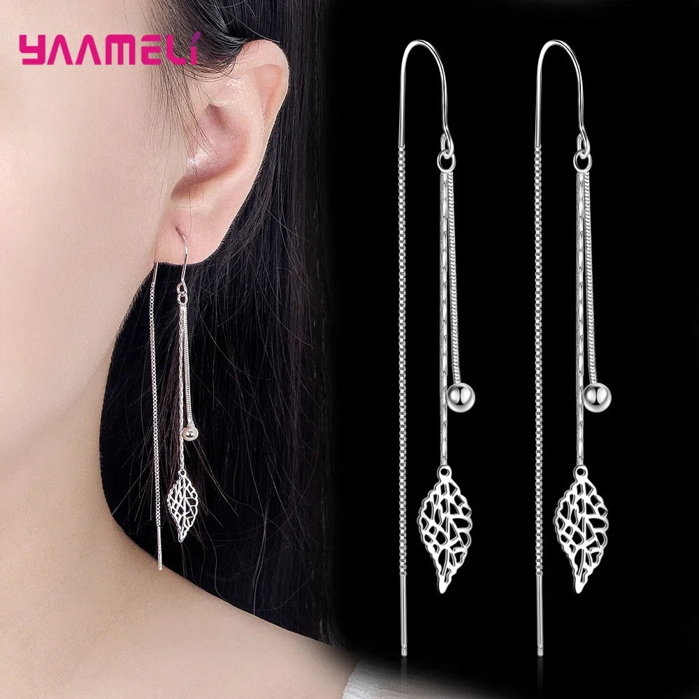 Fashion Jewelry 925 Sterling Silver Color Earrings Simple Leaf Tassel Long Box Chain Thread Pendientes Ear Decoration Ornaments Qme Default Title