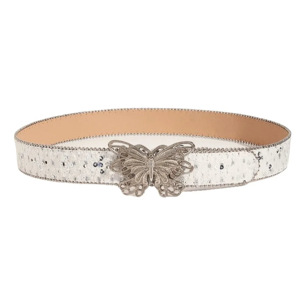 Fashion Sequins Butterfly Belt Y2K Hip Hop Wide Belt Punk Korean Style Denim Waistbands Daily Qme White