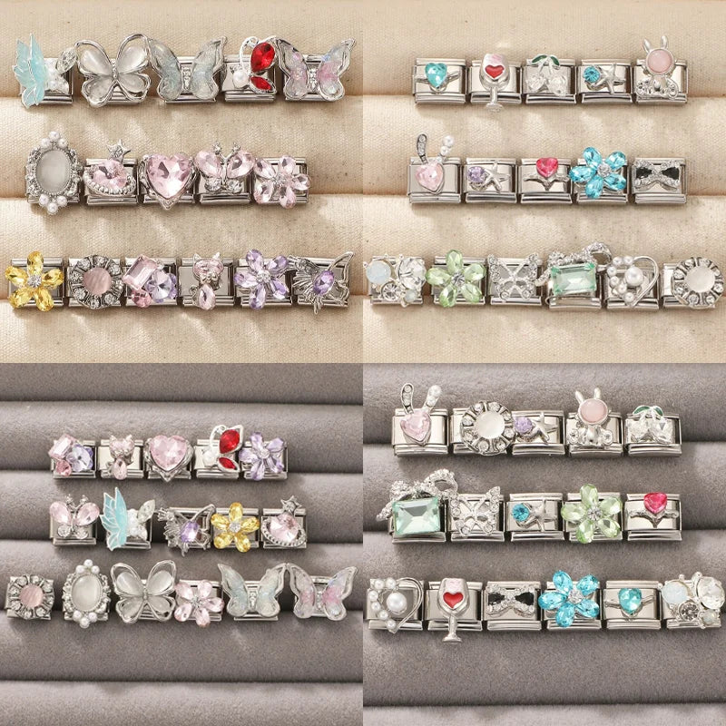 Zircon Bow Knot Blue Flowers Pink Heart Purple Butterfly Italian Charm Links Fit 9mm Bracelet Stainless Steel DIY Making Gifts Qme