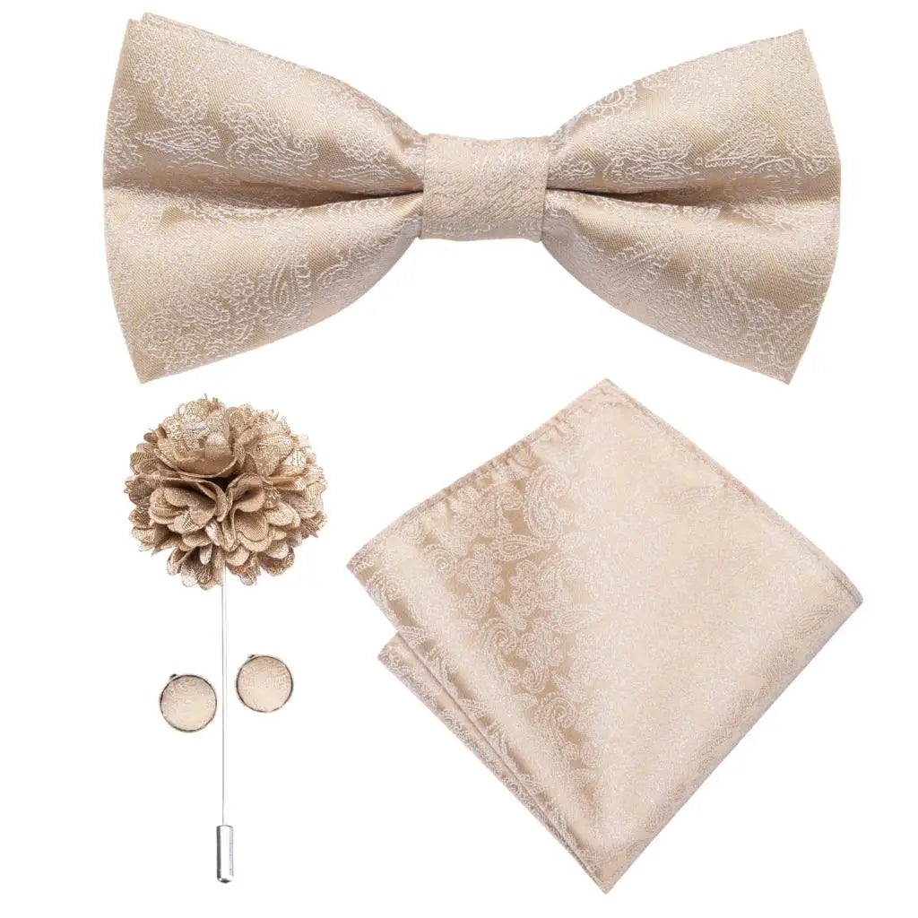 Hi-tie Silk Men's Bowtie Pocket Square Cufflinks Brooch Jacquard Qme LH0560-0053