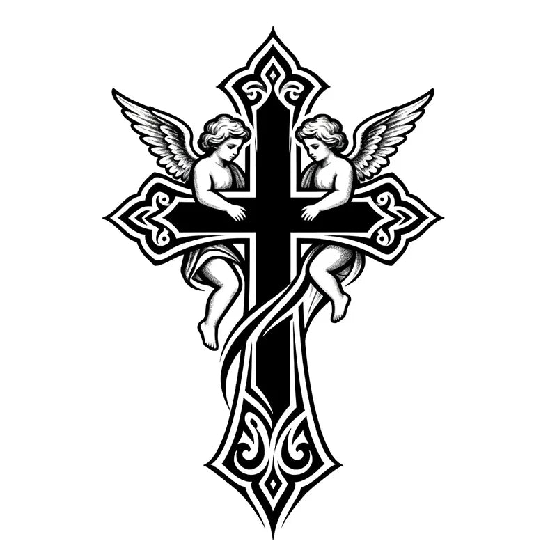 Cross & Angel Temporary Tattoo, Herbal Semi-Permanent Waterproof 7-15 Days, Mystical Religious Fake Tattoo for Arm & Leg Qme