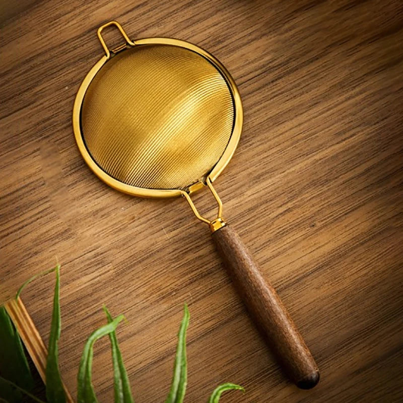 Creative Stainless Steel Tea Drain Reusable Long Wooden Handle Qme