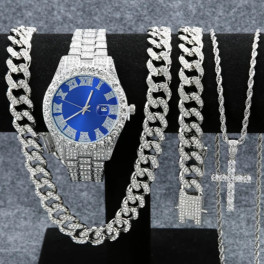 Men's Bling Jewelry Set: Silver Iced Out Watch + Cuban Link Chain + Bracelet + Cross Pendant Necklace, 4Pcs Hip Hop Set Qme Bronze