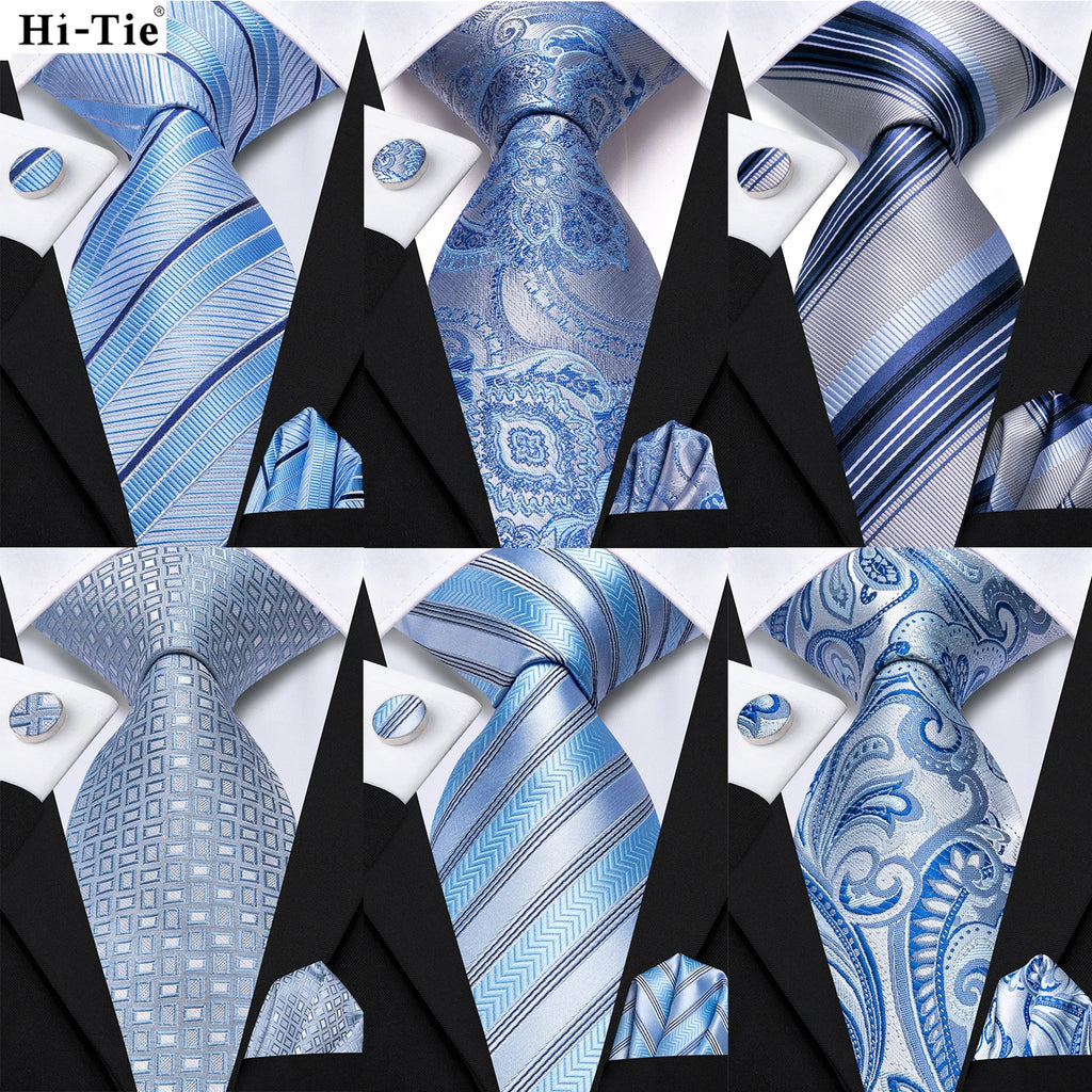 Hi-tie Light Blue Striped Business Mens Tie Jacquard Necktie Qme