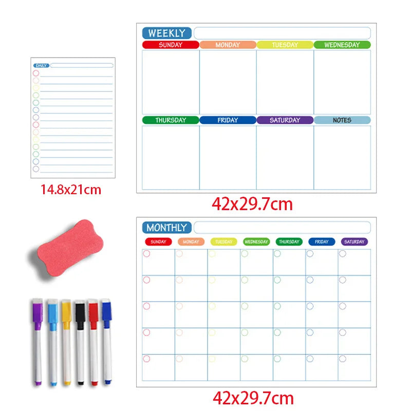 Fridge Magnetic Calendar Stickers Reusable Monthly Planner Kitchen Refrigerator Decor Magnet Qme 3pcs-6Pens-1Eraser
