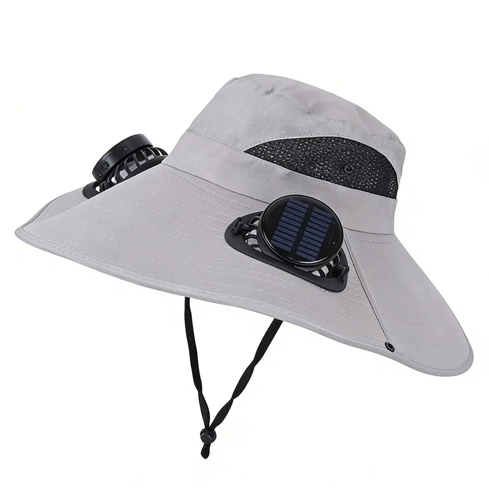 Convenient Dual Fan Solar Hat Breathable 3 Speeds Summer Visor Cap Qme Grey Round