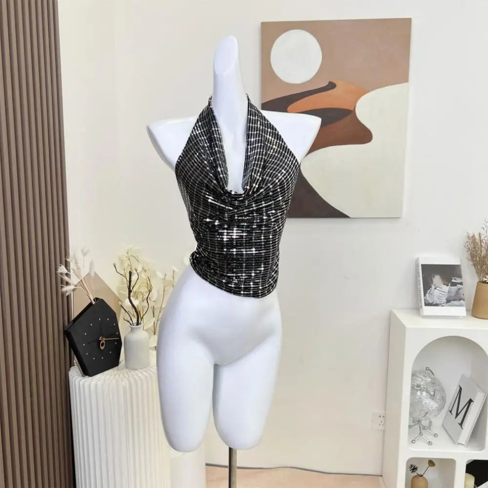 V-neck Glitter Tank Top Vest Sling Sleeveless Sweet Spicy Slim Camisole Backless Spicy Girl Style Glitter Hanging Neck Top Lady Qme